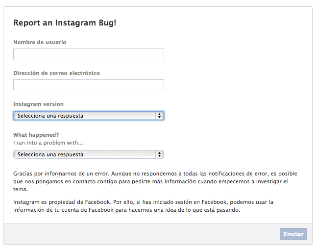 Send bug report to Instagram